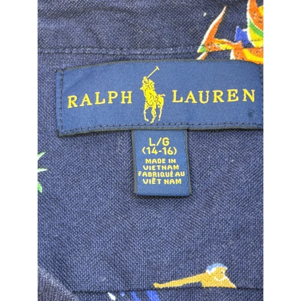 Ralph Lauren Shirt Kids LARGE 14-16 AOP Surf Palm Pineapple Fish Hawaiian Travel